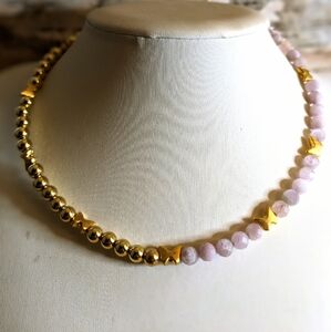 Natural Pink Kunzite  In Half And Half Design Beaded Necklace Choker